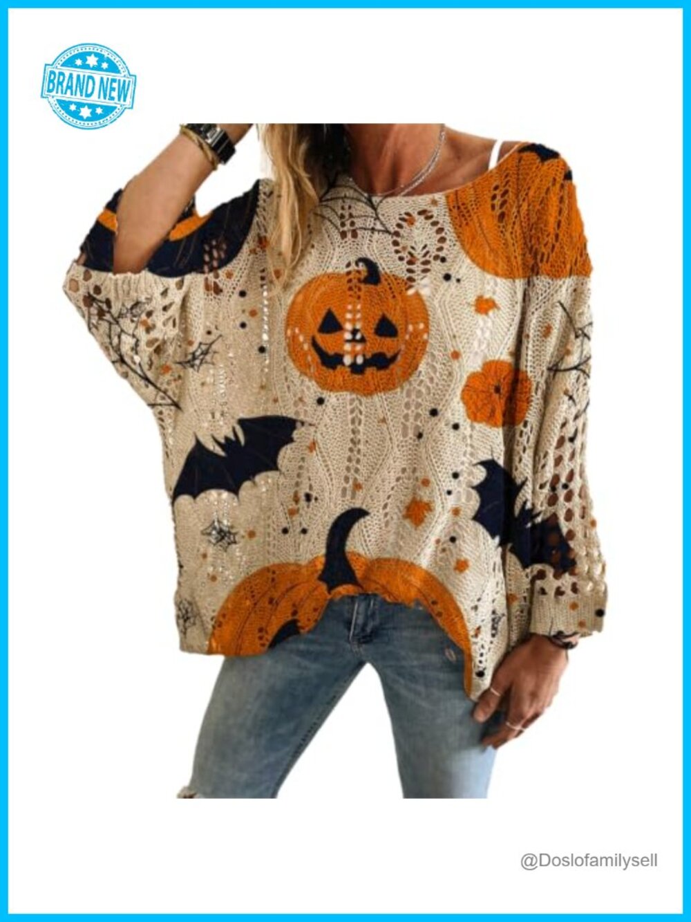Women's Halloween Pumpkin Bat Hollow Out Knit Cover Up Loose Boat Neck Long